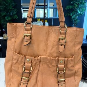 Vince Camuto Tan Leather Ruffled Front Tote with Gold Hardware
